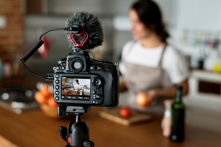 A woman recording herself cook a meal